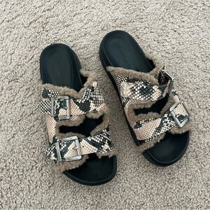 Aerosoles Faux Fur Trimmed Leather Beige/Nude Snake Print Olivia Sandal …